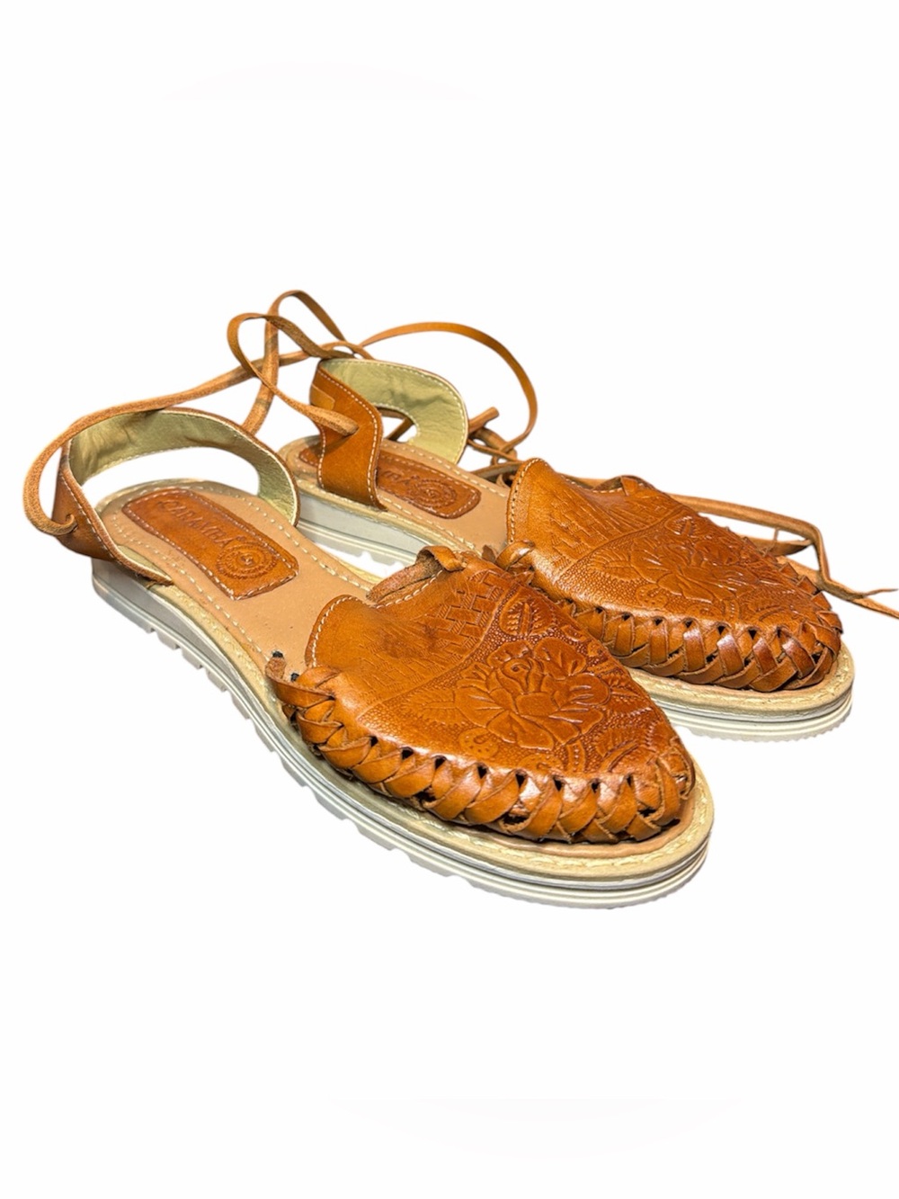 Caramba Hand-Tooled Leather Huarache Lace Up Sandals - Tan Women’s Lace Up Shoes